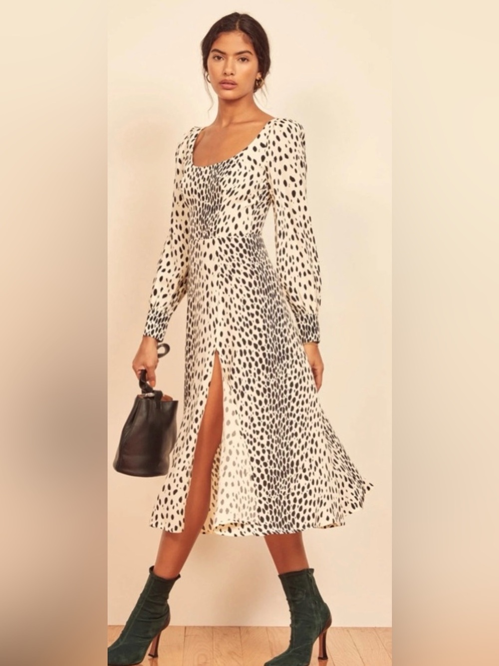 Reformation Black and White Spotted Long Sleeve Midi Dress